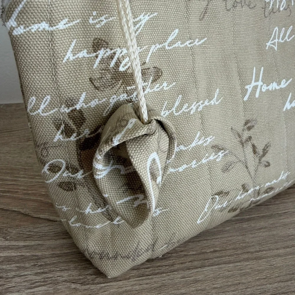 Cosmetic Bag Tan Script Print Home‎ Happy Place Yellow Zipper Pouch Quilted